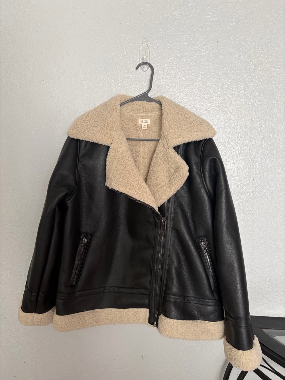 a.n.a Black Faux Leather Aviator Jacket with Cream Shearling (M1)